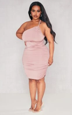 Plus Rose Ruched One Shoulder Bodycon Dress