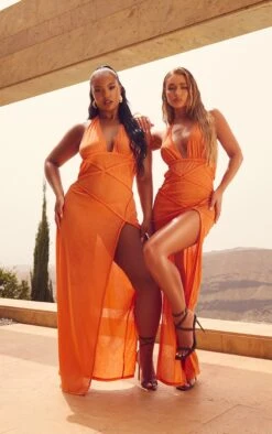 Plus Orange Plait Detail Plunge Side Split Beach Maxi Dress