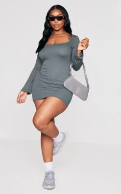 Shape Olive Khaki Textured Square Neck Long Sleeve Bodycon Dress -Goremje Style 98e13588392f56a997b9ba78b50c11aa2f289559 cnd0577 3