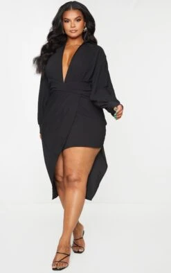 Plus Black Plunge Wrap Textured Dress -Goremje Style 990dc84b2f0629f12ca52489bfdca0d1628a8d22 cmr7045 4