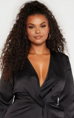 Plus Black Satin Long Sleeve Wrap Dress -Goremje Style 992c98db775e6e416422b9b12b769e9c8c695db4 cme0488 5