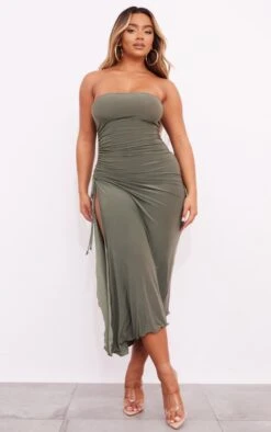Shape Olive Slinky Bandeau Ruched Side Frill Hem Midaxi Dress