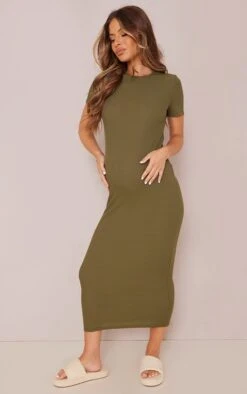 Maternity Khaki Ribbed Crew Neck Midi Dress -Goremje Style 9973b523b3ea3cba9564905ae8f74c804544477a cmz9759 4