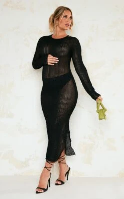 Maternity Black Textured Midi Dress With Side Split -Goremje Style 99acbe238ffb2f560436d748d7f8ff3756b1c9d0 cnd3131 3