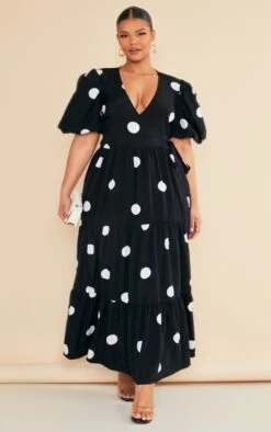 Plus Black Printed Tiered Tie Waist Maxi Dress