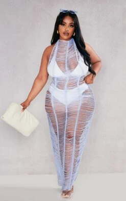 Plus Aqua Blue Tassel Knit Beach Dress