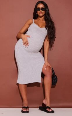 Maternity Grey Ribbed Knitted Midaxi Dress