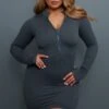 Shape Charcoal Contour Rib Zip Long Sleeve Bodycon Dress