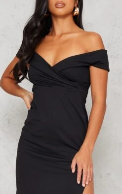 Petite Black Bardot Fold Detail Extreme Split Maxi Dress -Goremje Style 9e8c350a7543b5cc52779be07f6b71a83d3f3e4a cna9528 4