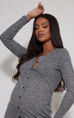 Maternity Dark Grey Fitted Soft Rib Midi Longsleeve Dress -Goremje Style 9eda24f5b7d05f1dceb76ed90836308498d60a16 cnb9932 4