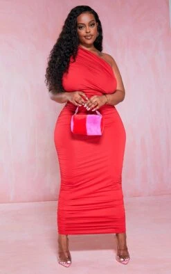 Plus Red Slinky Ruched One Shoulder Longline Midi Dress