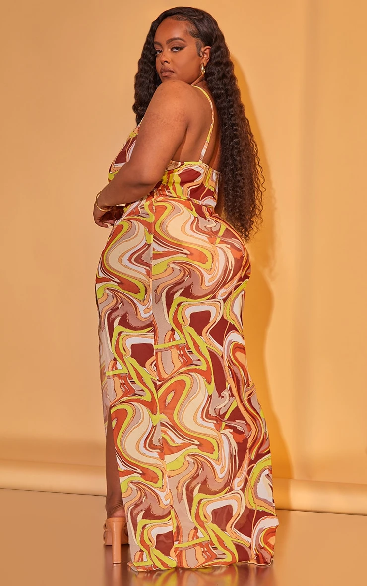 Plus Brown Abstract Print Mesh Maxi Dress 4 Plus Brown Abstract Print Mesh Maxi Dress - Image 2