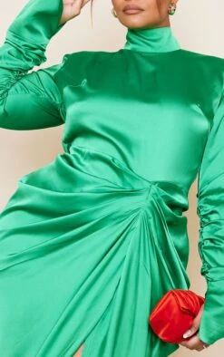 Plus Green Satin High Neck Draped Midi Dress -Goremje Style a1343fc8f005cddc690c0d8f3e06df4be2e86727 cne0809 4