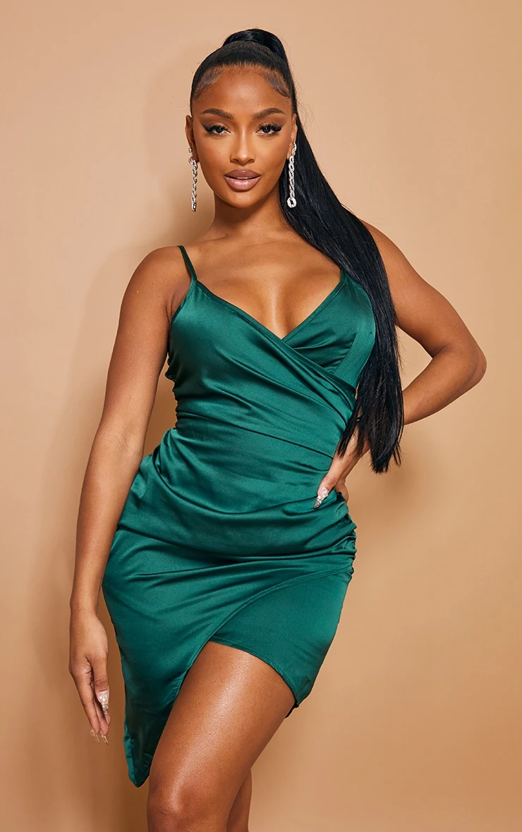 Shape Emerald Green Satin Wrap Dress 6 Shape Emerald Green Satin Wrap Dress - Image 4