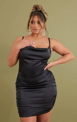 Shape Black Stretch Satin Cowl Ruched Bodycon Dress