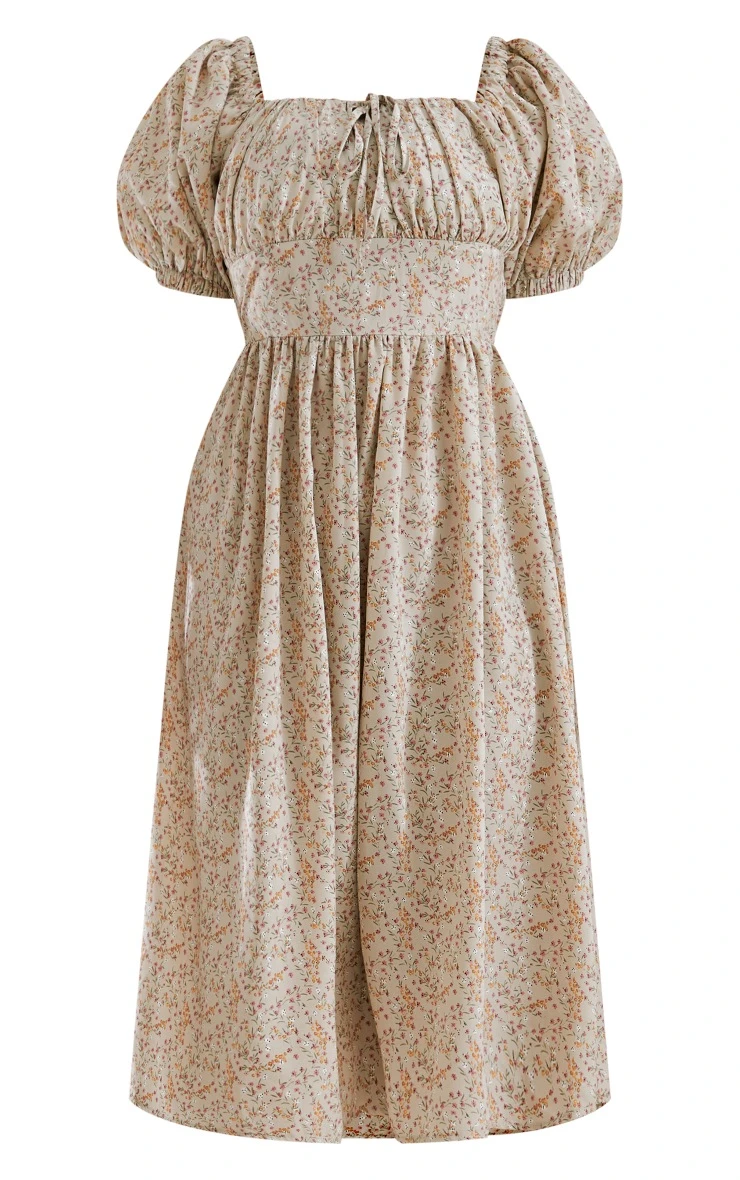 Plus Taupe Ditsy Floral Puff Sleeve Midi Dress 7 Plus Taupe Ditsy Floral Puff Sleeve Midi Dress - Image 5