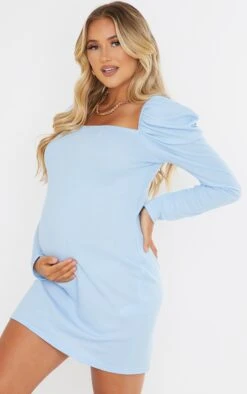 Maternity Baby Blue Puff Shoulder Long Sleeve Rib Mini Dress
