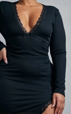 Plus Black Rib Lace Detail Split Hem Bodycon Dress -Goremje Style a230309cbac9783a228dc58199f1836cca7135e4 cnc9739 4