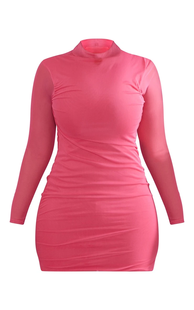 Shape Hot Pink High Neck Mesh Bodycon Dress 7 Shape Hot Pink High Neck Mesh Bodycon Dress - Image 5