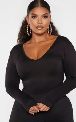 Plus Black Jersey V Neck Long Sleeve Midi Dress -Goremje Style a294bf5b0d06e435154cfc7ea8550d743007cea9 cme1452 5