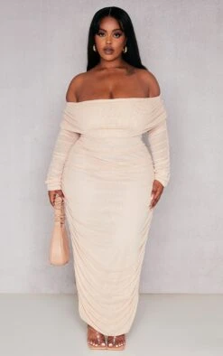 Plus Nude Mesh Bardot Long Sleeve Midi Dress