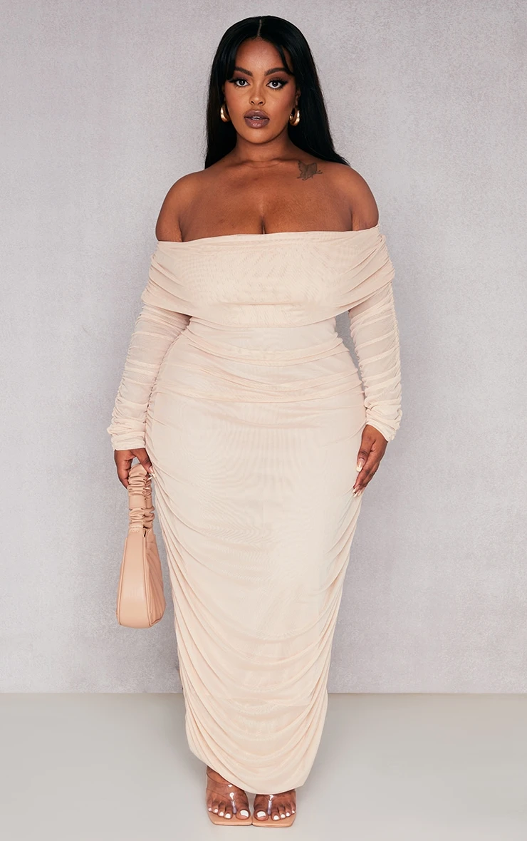 Plus Nude Mesh Bardot Long Sleeve Midi Dress 3 Plus Nude Mesh Bardot Long Sleeve Midi Dress