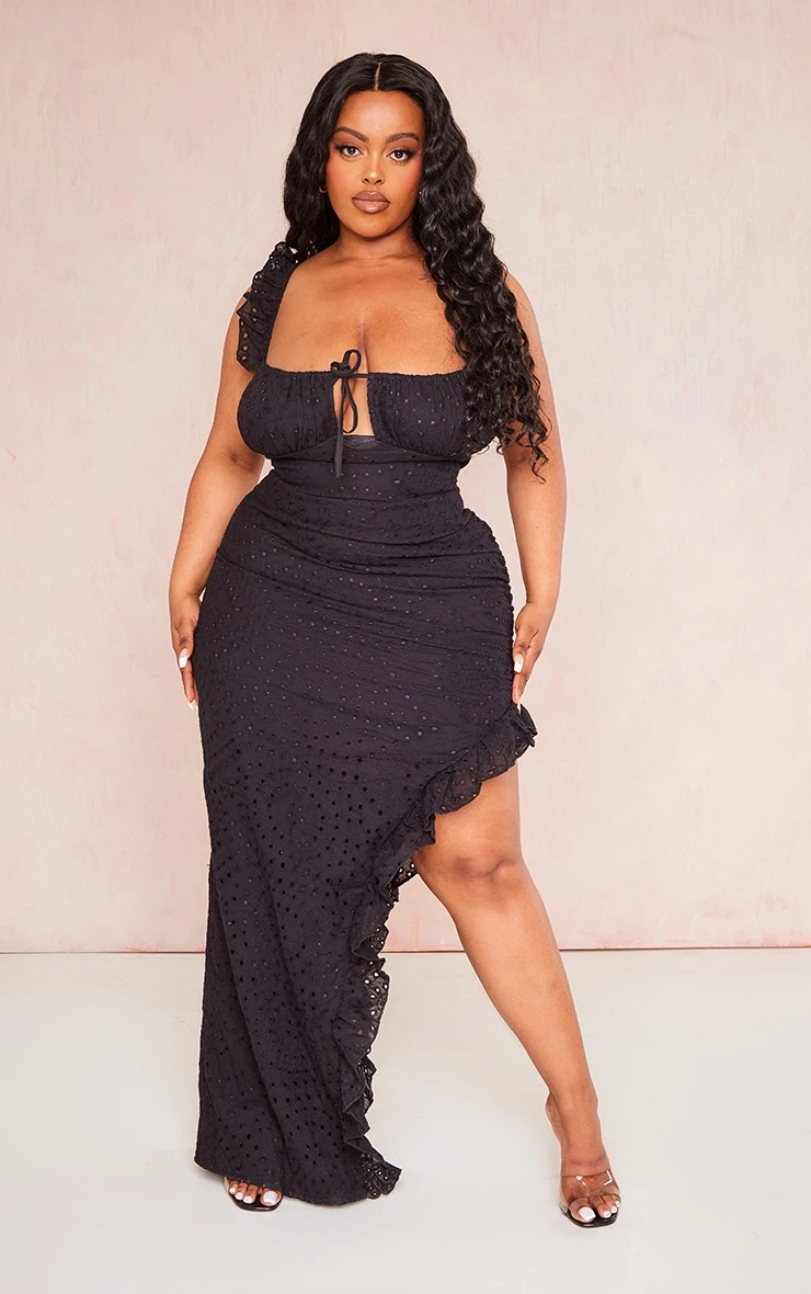 Plus Black Broderie Anglaise Frill Detail Midi Dress 3 Plus Black Broderie Anglaise Frill Detail Midi Dress