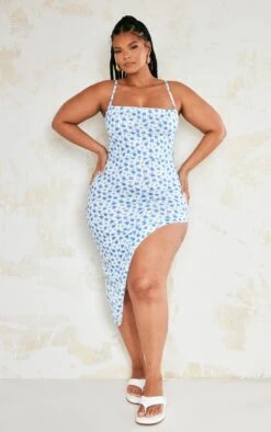 Plus Blue Ditsy Floral Lace Up Back Asymmetric Hem Midi Dress -Goremje Style a3a195d744155d1694b5075d47ab2173f0d14fb4 cnd8703 3