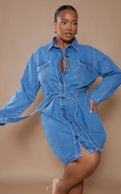 Plus Mid Blue Acid Wash Button Front Tie Waist Denim Dress -Goremje Style a3ea309ff1e11573aea82f06d7abe54c0abef08f cna1211 3