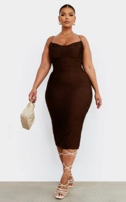 Plus Chocolate Textured Strappy Midi Dress