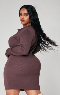 Plus Chocolate Long Sleeve Ribbed Knitted Bodycon Mini Dress -Goremje Style a55aca359758a98c09140a2d23308e0ef5b5a88d cnb2399 2