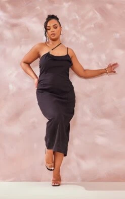 Plus Black Linen Look Asymmetric Strap Midi Dress