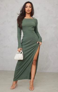 Petite Moss Khaki Brushed Ribbed Long Sleeve Maxi Dress With Split