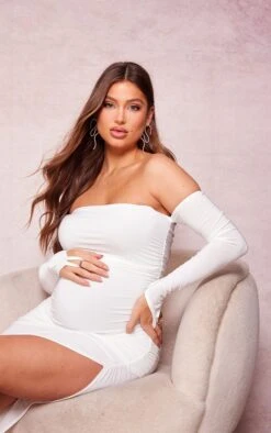 Maternity Cream Slinky Off The Shoulder Ruched Maxi Dress -Goremje Style a96d7d354bd5269546f6d74ef8e44ce0efd221ca cne2365 4