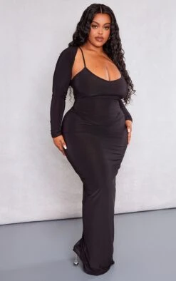 Plus Black Slinky Strappy Sleeve Detail Maxi Dress
