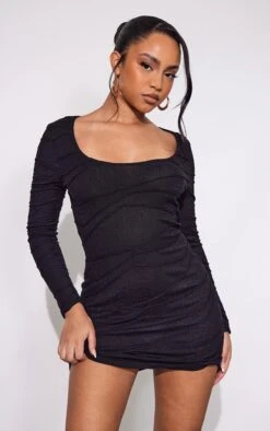 Petite Black Textured Scoop Neck Long Sleeve Bodycon Dress