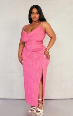 Plus Hot Pink Textured Cowl Neck Side Split Midaxi Dress -Goremje Style acca0189120da425eb3dc3ca3d5177b53448ff81 cnd5033 3