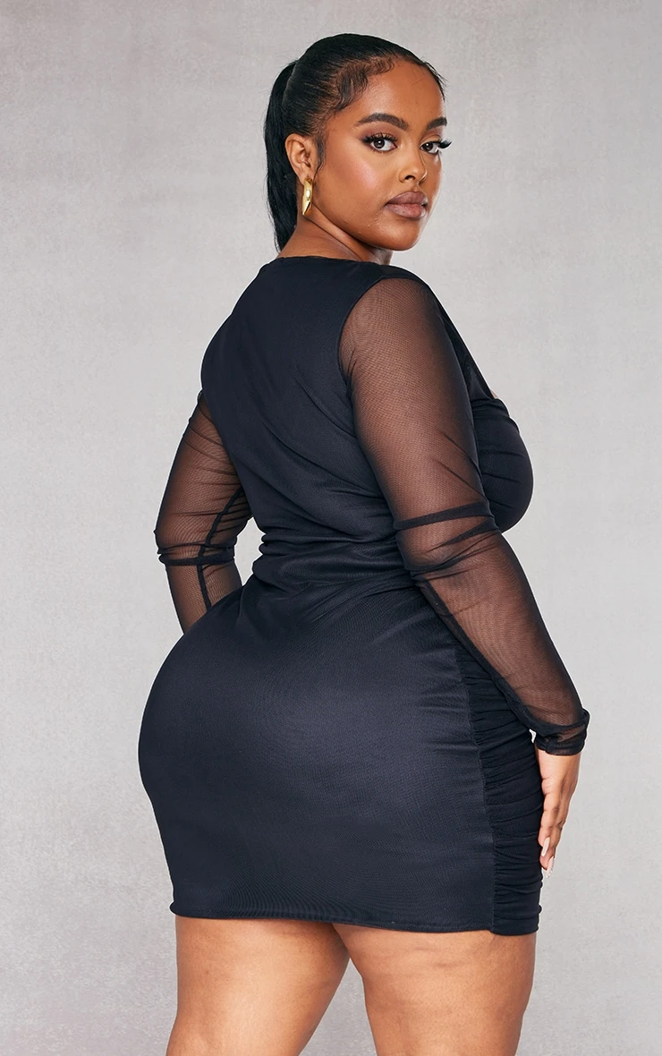 Plus Black Mesh Square Neck Ruched Bodycon Dress 4 Plus Black Mesh Square Neck Ruched Bodycon Dress - Image 2
