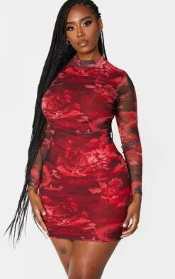 Shape Red Printed High Neck Mesh Bodycon Dress