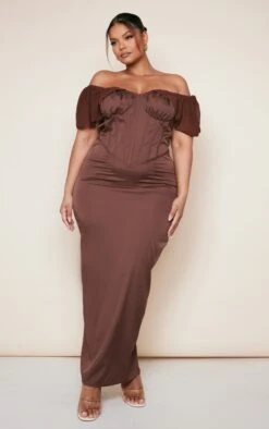 Plus Chocolate Drape Sleeve Corset Midaxi Dress