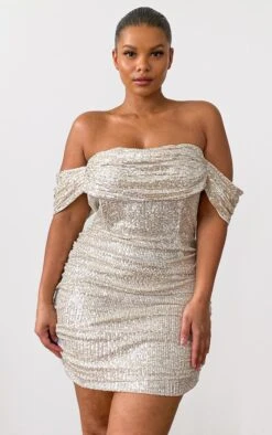 Plus Cream Sequin Bardot Bodycon Dress