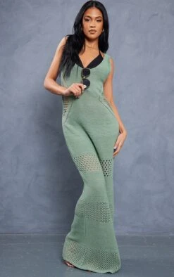 Tall Olive Crochet Plunged Maxi Dress