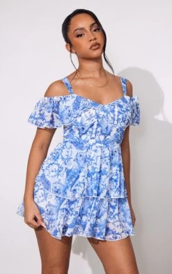 Petite Blue Chiffon Oriental Print Frilled Mini Dress