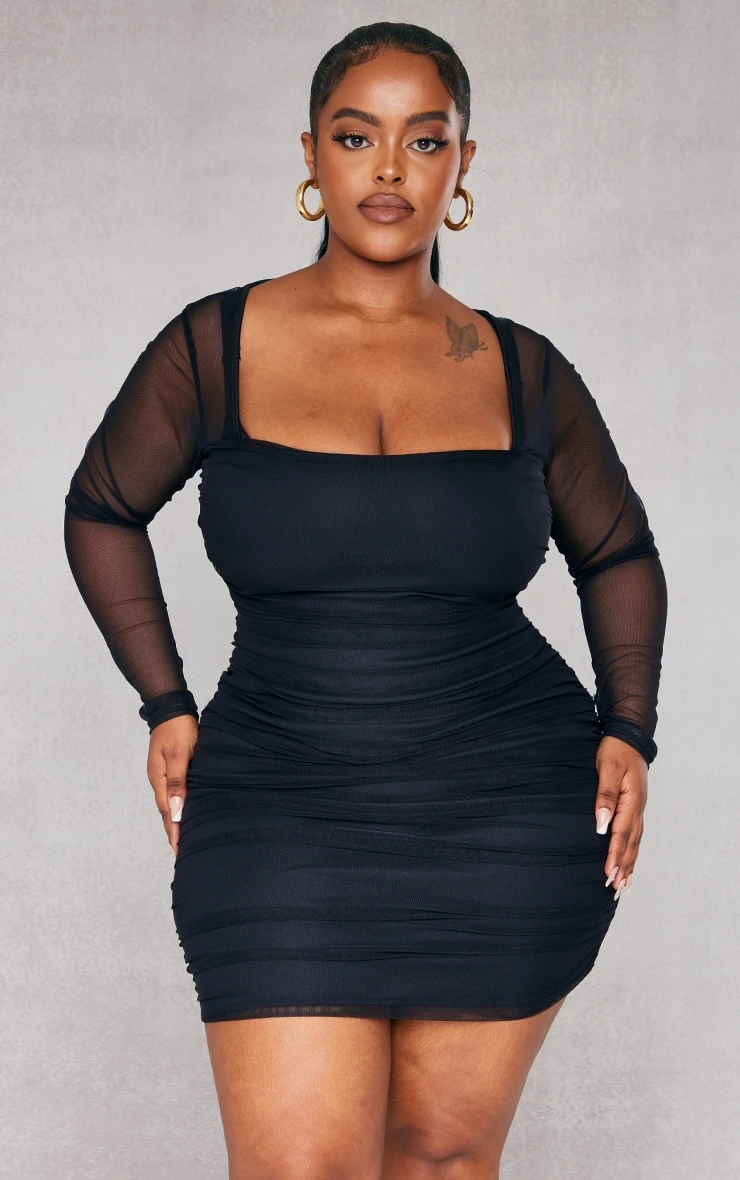 Plus Black Mesh Square Neck Ruched Bodycon Dress 5 Plus Black Mesh Square Neck Ruched Bodycon Dress - Image 3