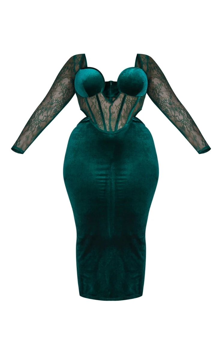 Plus Emerald Green Lace Detail Corset Velvet Midaxi Dress 7 Plus Emerald Green Lace Detail Corset Velvet Midaxi Dress - Image 5