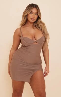 Shape Taupe Cut Out Slinky Ring Detail Strappy Bodycon Dress