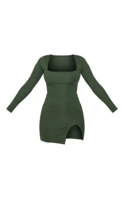 Petite Khaki Rib Split Hem Square Neck Long Sleeve Bodycon Dress -Goremje Style b0e60827b18f851779309900688421ea24a1876d cnd4194 5