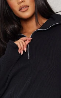 Tall Black Rib High Neck Half Zip Oversized Jumper Dress -Goremje Style b1c6525a681f93c01a6da1861bc31957cf571a9f cnd9791 4