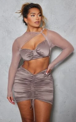 Shape Taupe Satin Cut Out Ruched Mesh Overlay Bodycon Dress