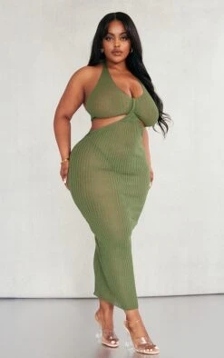 Plus Khaki Sheer Knit Cross Halter Neck Midi Dress
